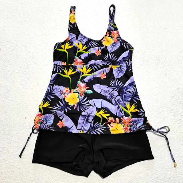 2 Pieces Floral Printed Tankini and Solid Color Shorts Swimwear for Women