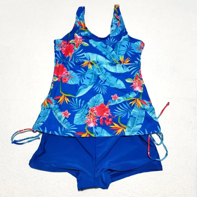 2 Pieces Floral Printed Tankini and Solid Color Shorts Swimwear for Women