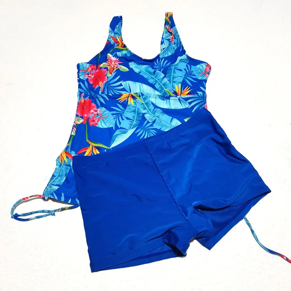 2 Pieces Floral Printed Tankini and Solid Color Shorts Swimwear for Women