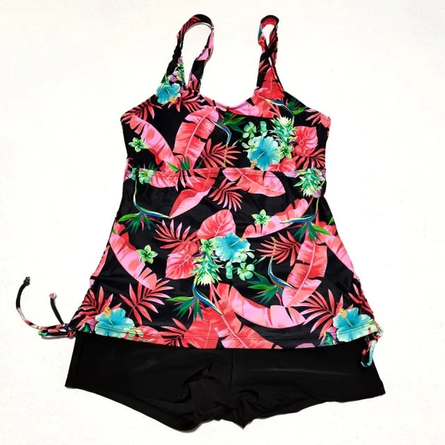 2 Pieces Floral Printed Tankini and Solid Color Shorts Swimwear for Women