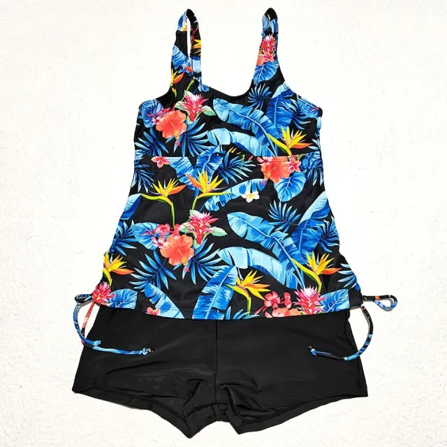 2 Pieces Floral Printed Tankini and Solid Color Shorts Swimwear for Women