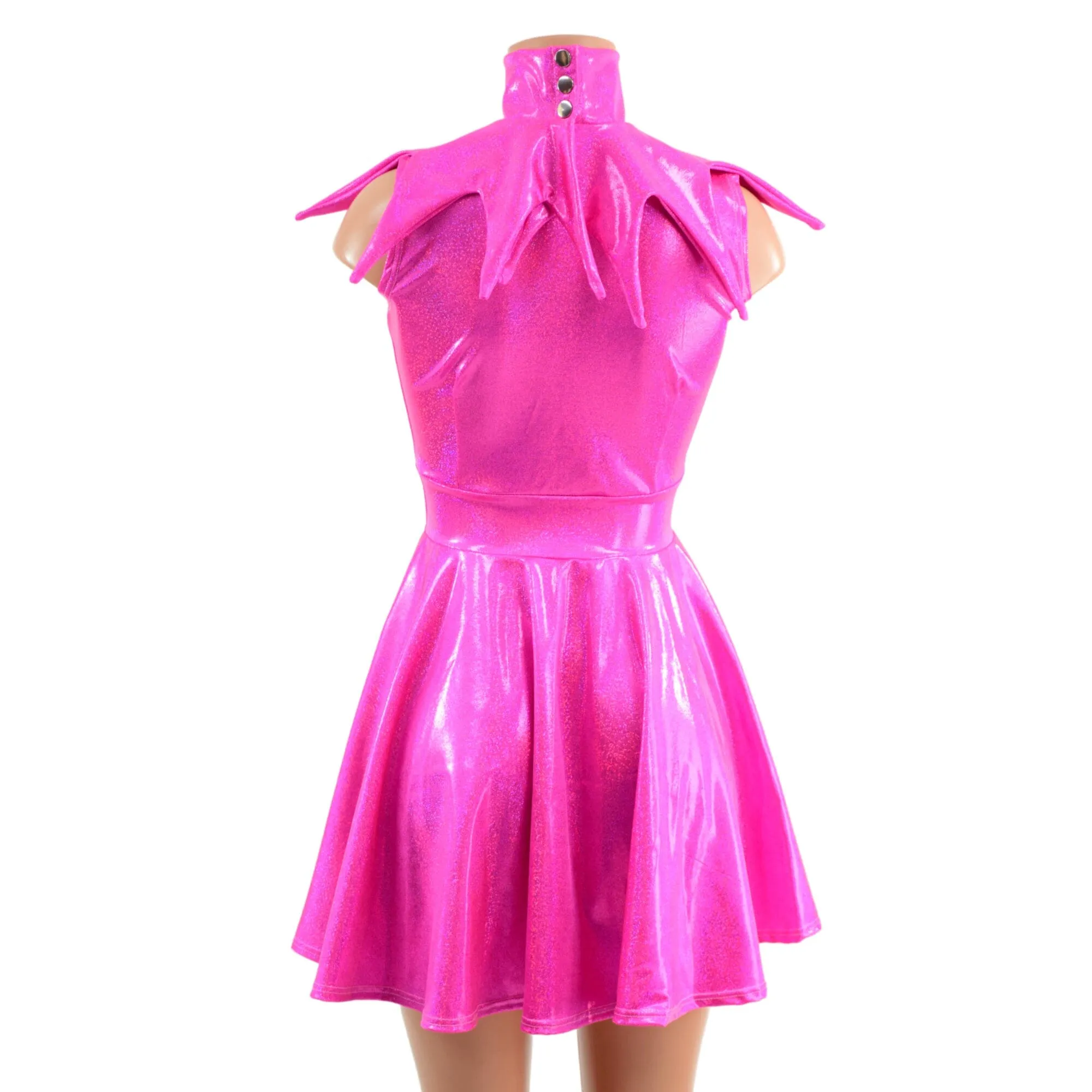 2PC Neon Pink Sleeveless Skater Dress with Elf Collar