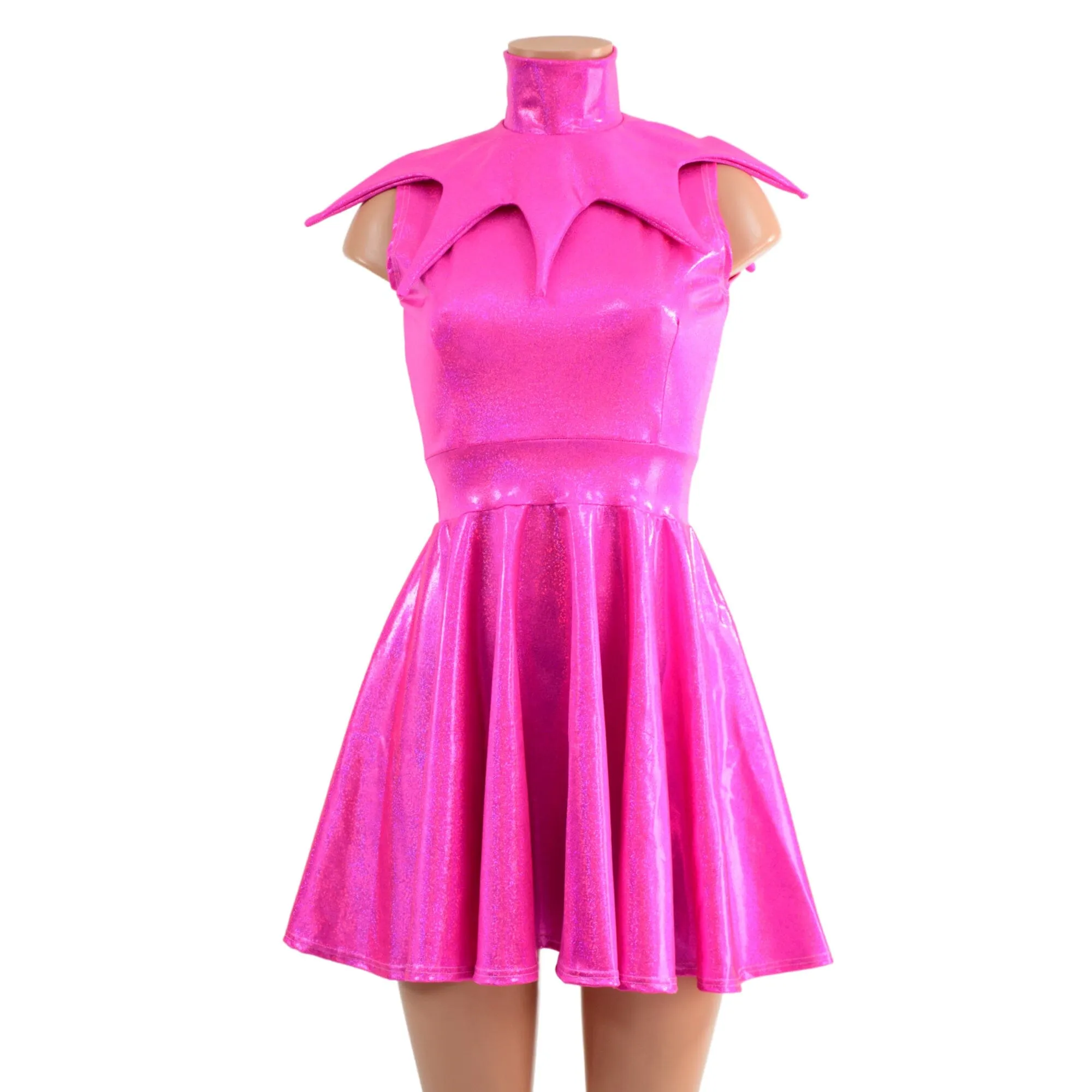 2PC Neon Pink Sleeveless Skater Dress with Elf Collar