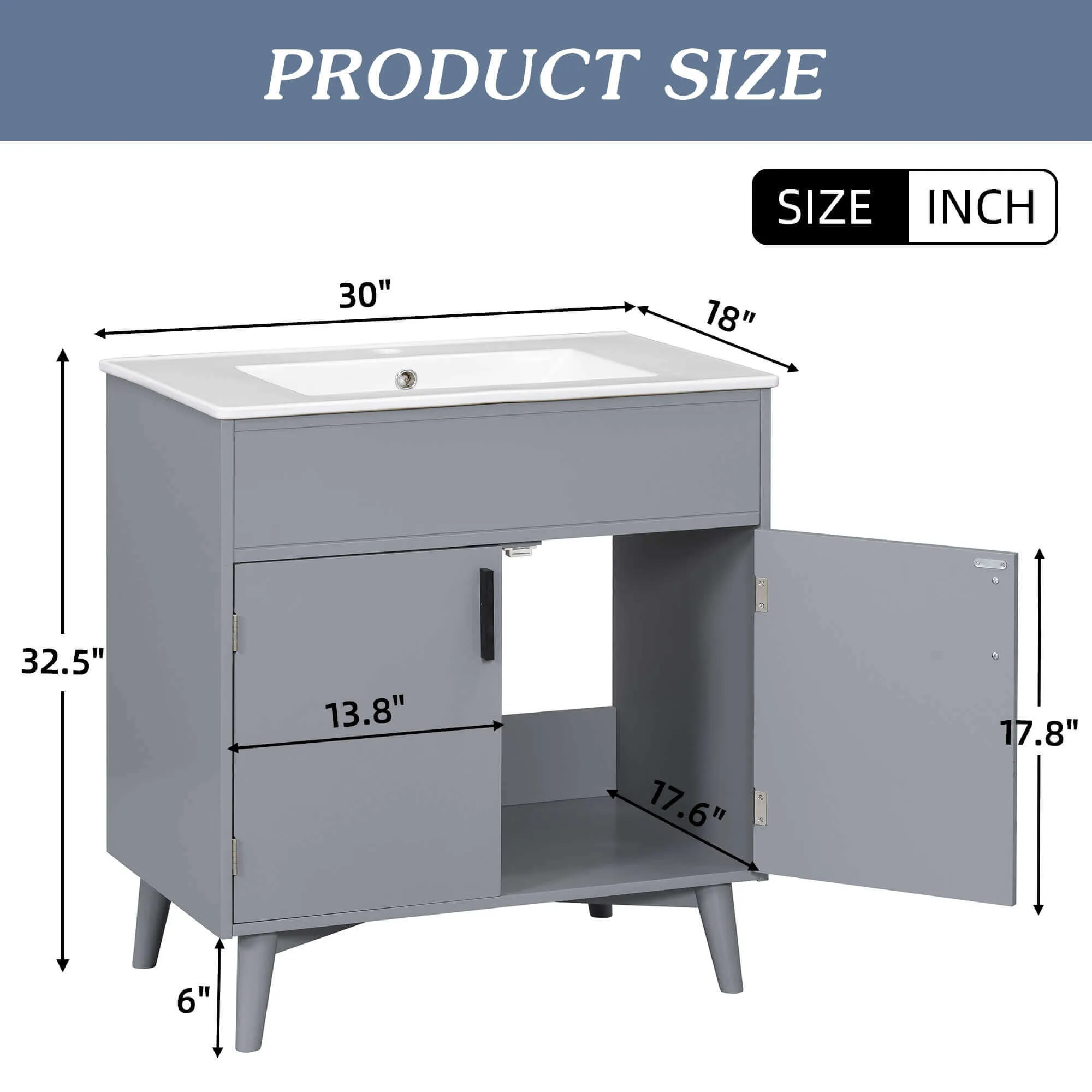 30'' Gray Freestanding Solid Wood Bathroom Vanity