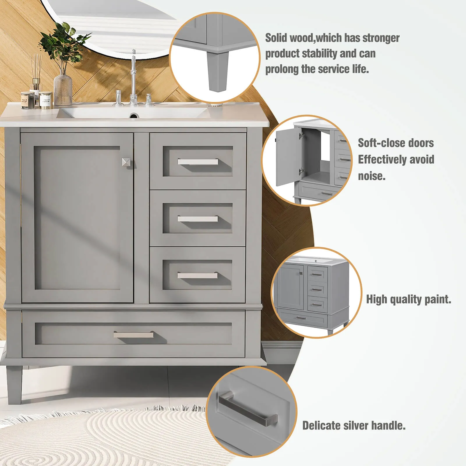 30" Gray Solid Wood Bathroom Vanity with Top