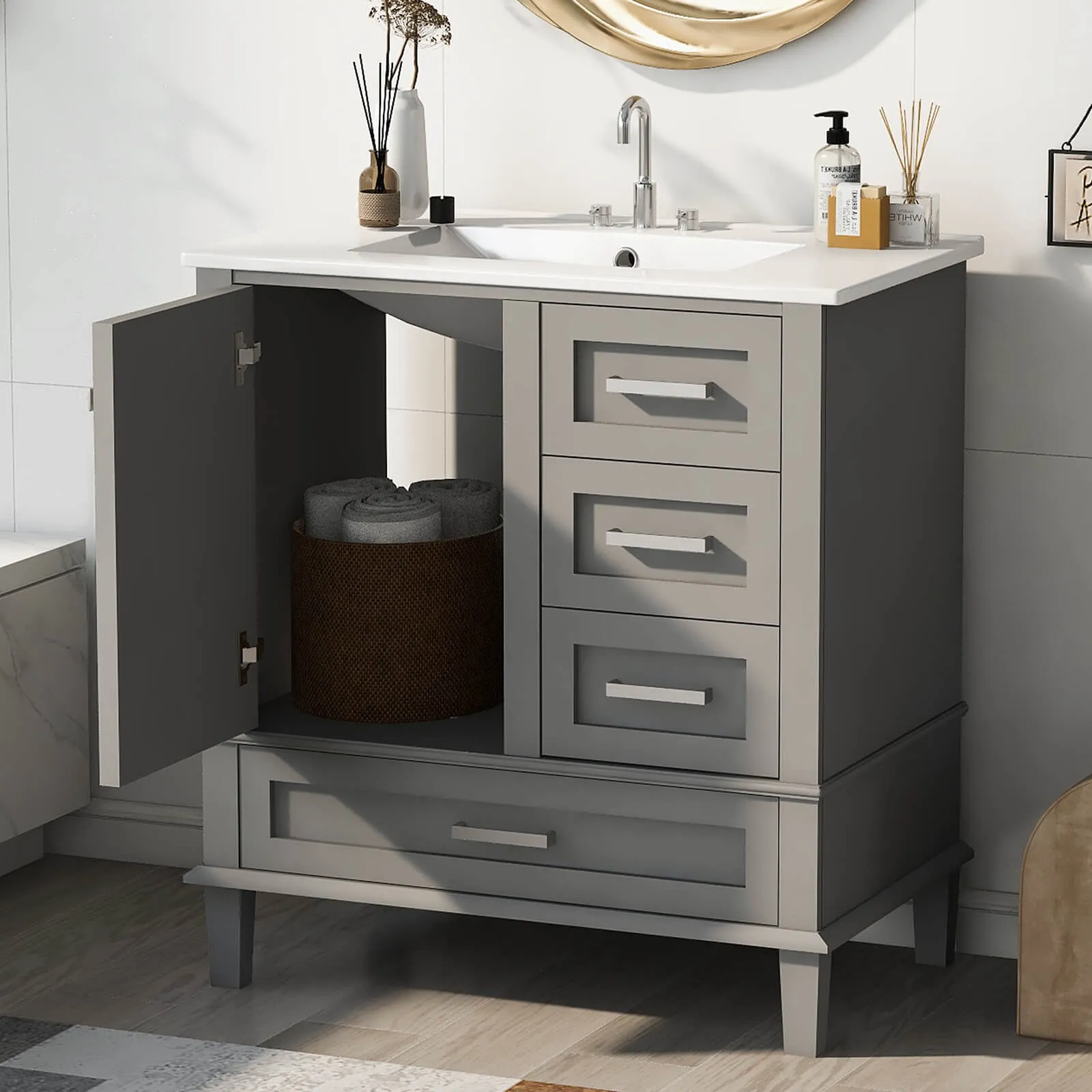 30" Gray Solid Wood Bathroom Vanity with Top