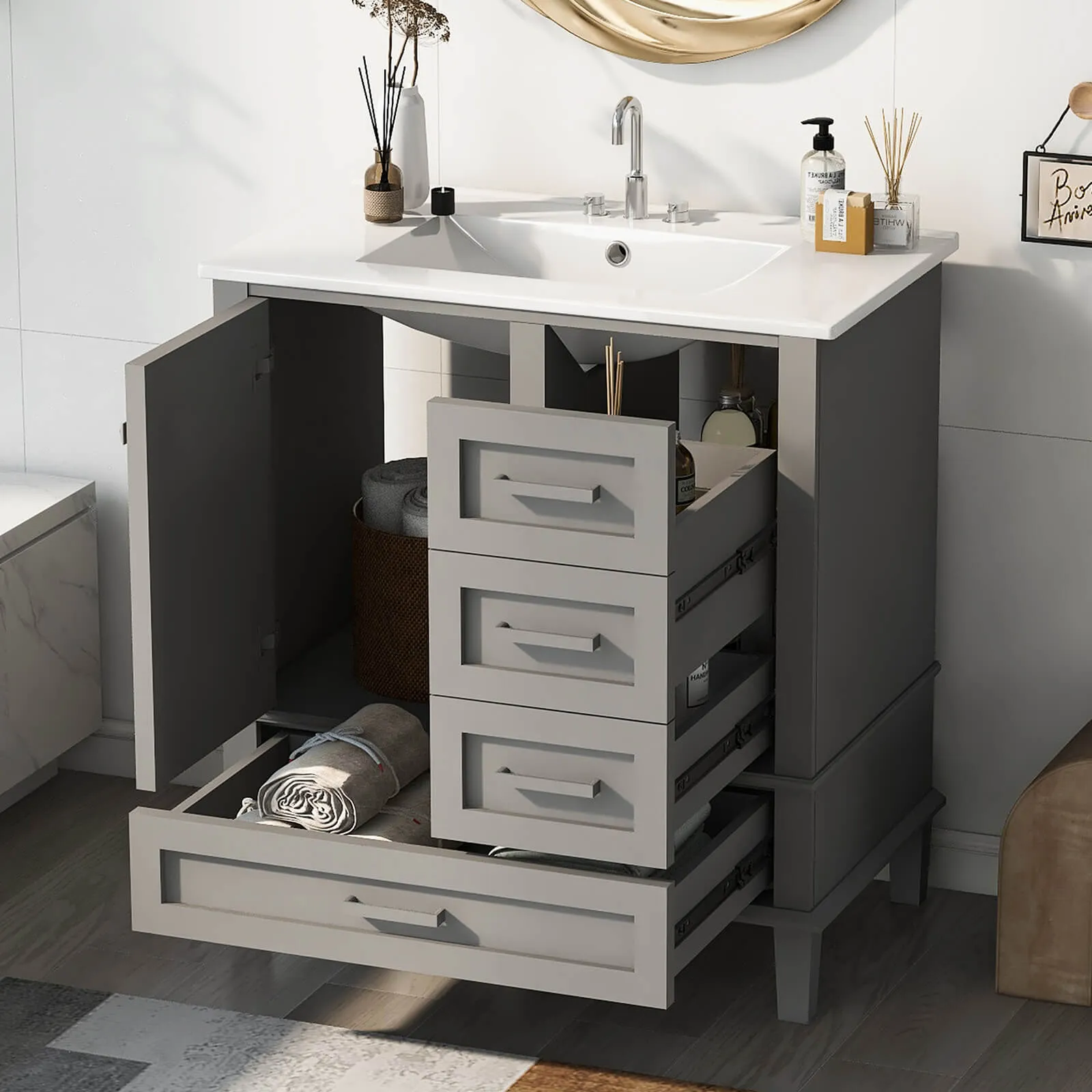 30" Gray Solid Wood Bathroom Vanity with Top