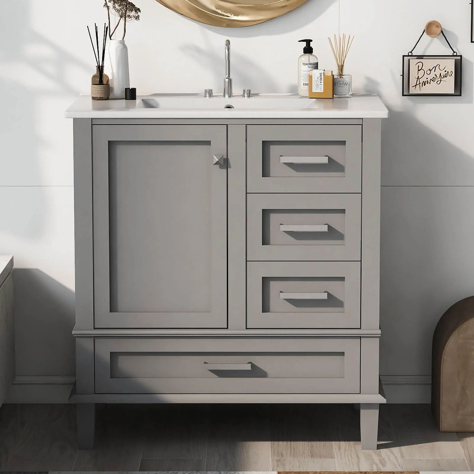 30" Gray Solid Wood Bathroom Vanity with Top