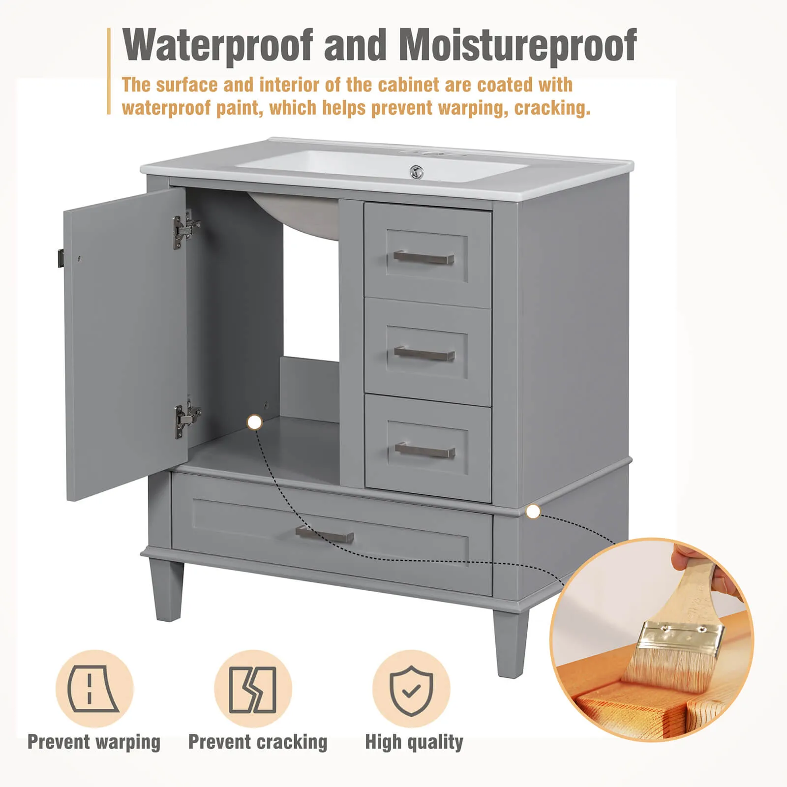 30" Gray Solid Wood Bathroom Vanity with Top