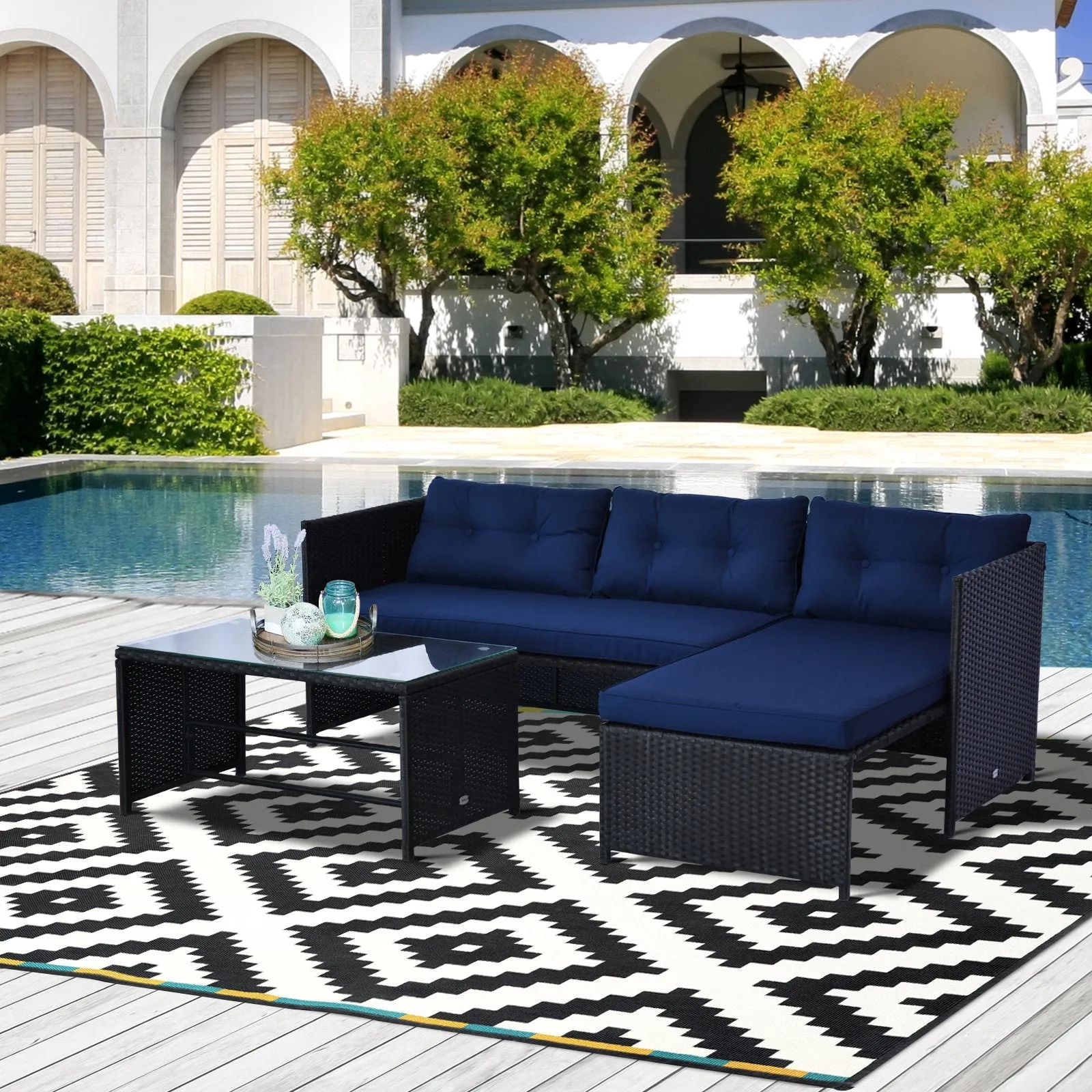 3pc Outdoor Wicker Rattan Patio Garden Furniture Set - Dark Blue