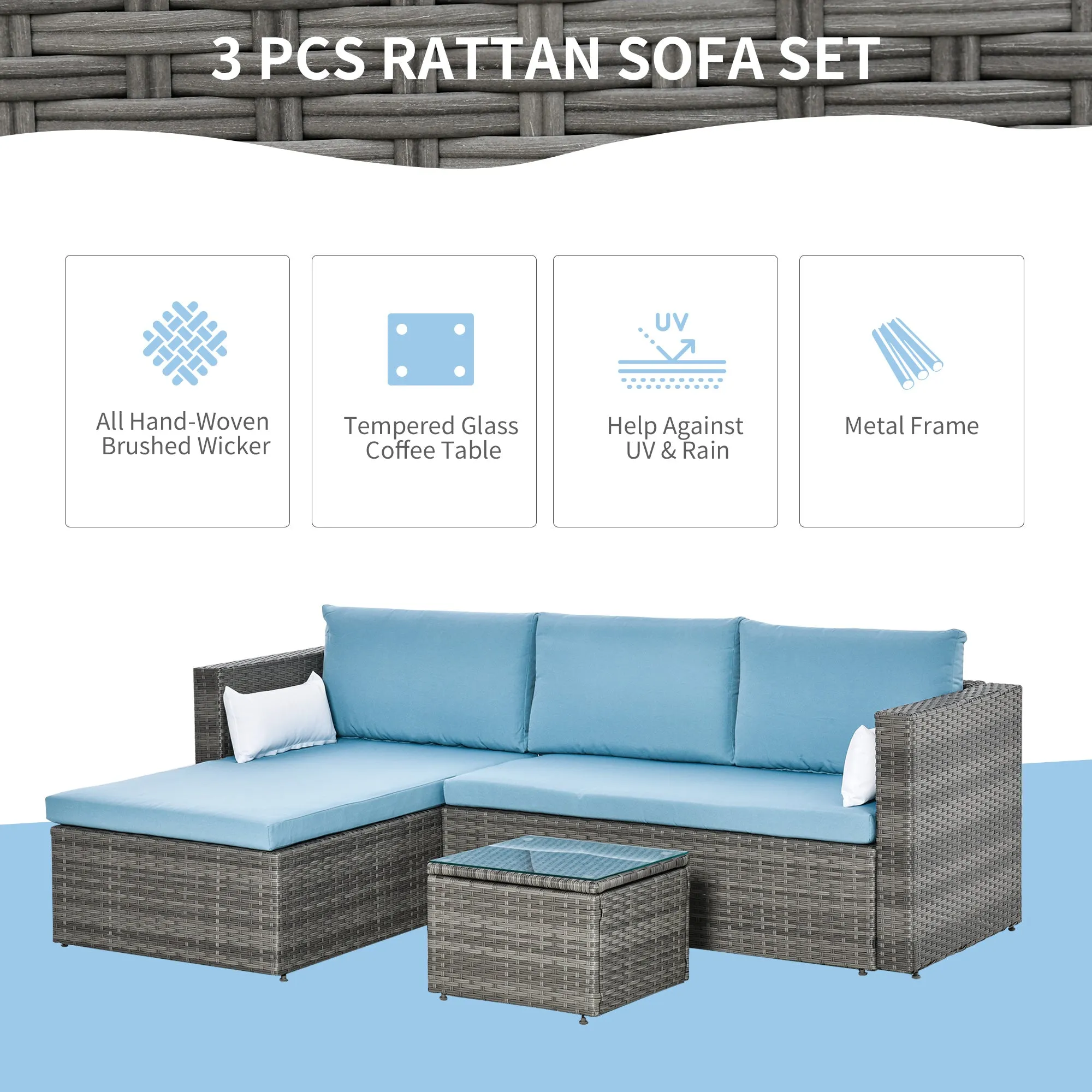 3pc Wicker Rattan Outdoor Patio Furniture Set - Blue