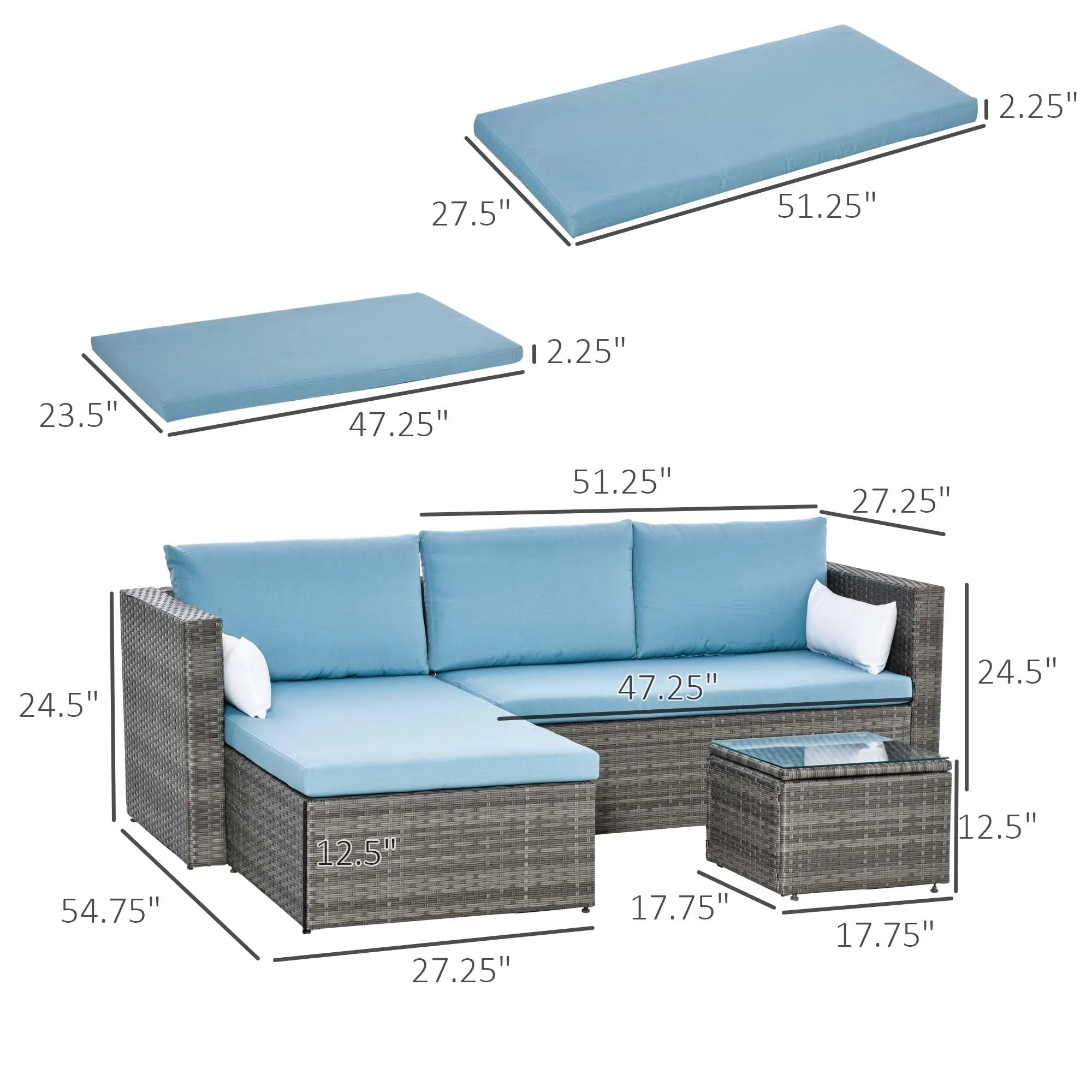 3pc Wicker Rattan Outdoor Patio Furniture Set - Blue