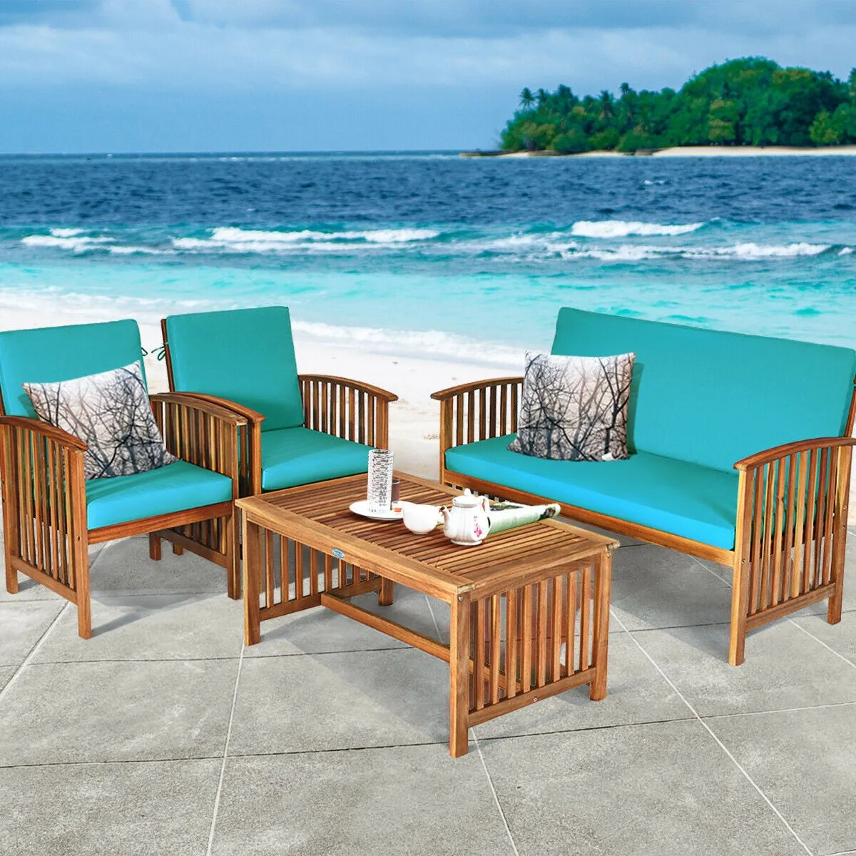 4pc Acacia Wood Patio Furniture Set - Blue