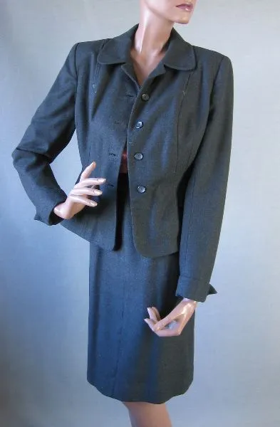 50s Vintage Women's Suit Set Jacket Skirt Nip Waist Fit & Flare Medium VFG Pacific Mills Charcoal Gray