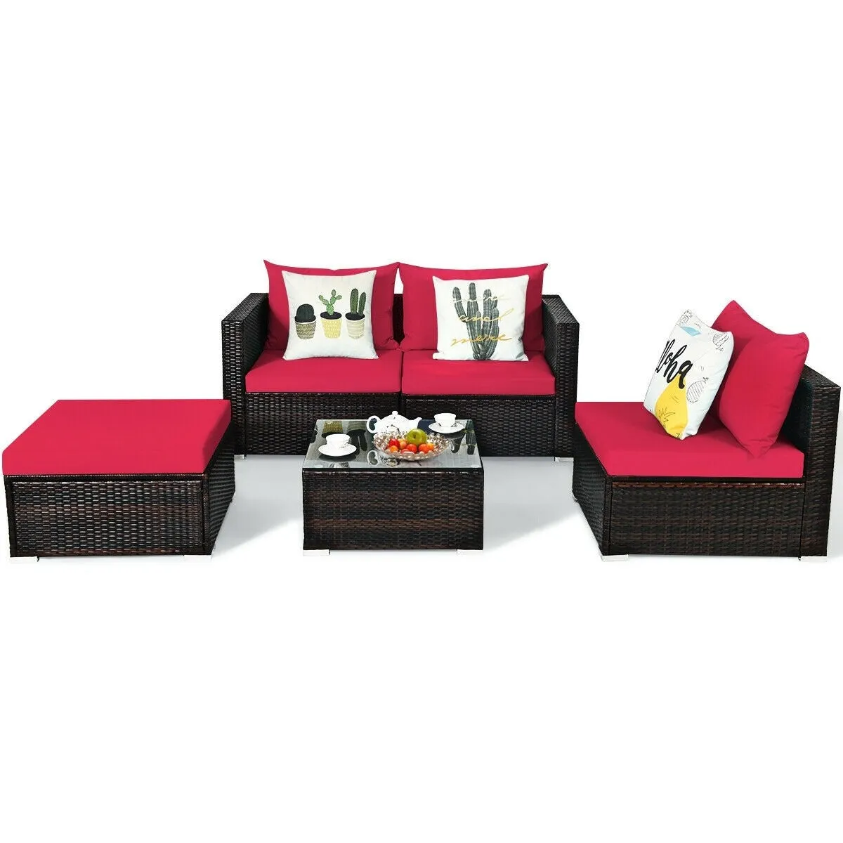 5pc Wicker Rattan Sectional Patio Set with Cushions and Coffee Table - Red