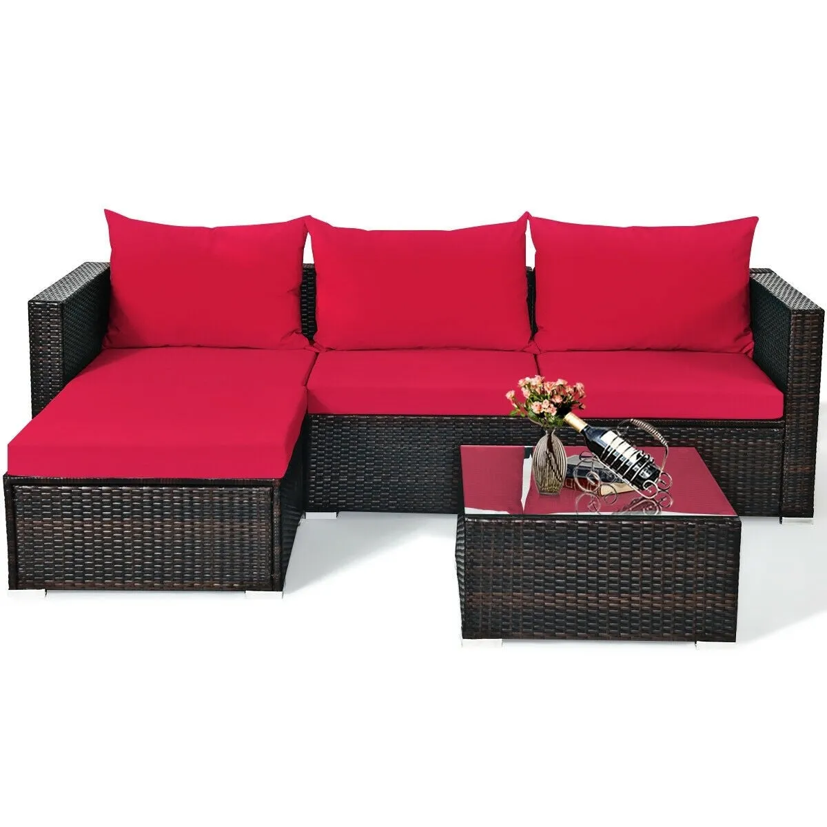 5pc Wicker Rattan Sectional Patio Set with Cushions and Coffee Table - Red