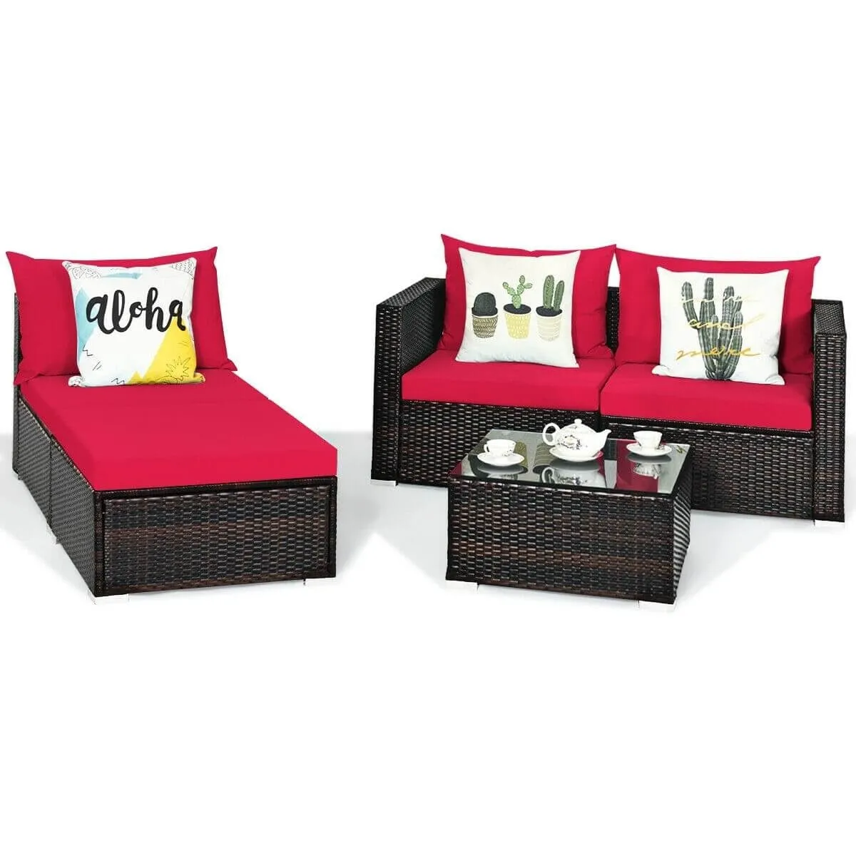 5pc Wicker Rattan Sectional Patio Set with Cushions and Coffee Table - Red