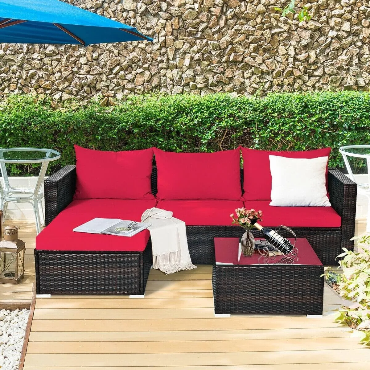 5pc Wicker Rattan Sectional Patio Set with Cushions and Coffee Table - Red