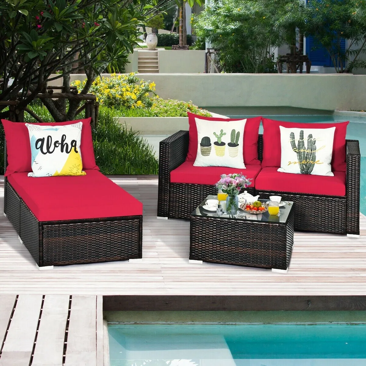 5pc Wicker Rattan Sectional Patio Set with Cushions and Coffee Table - Red