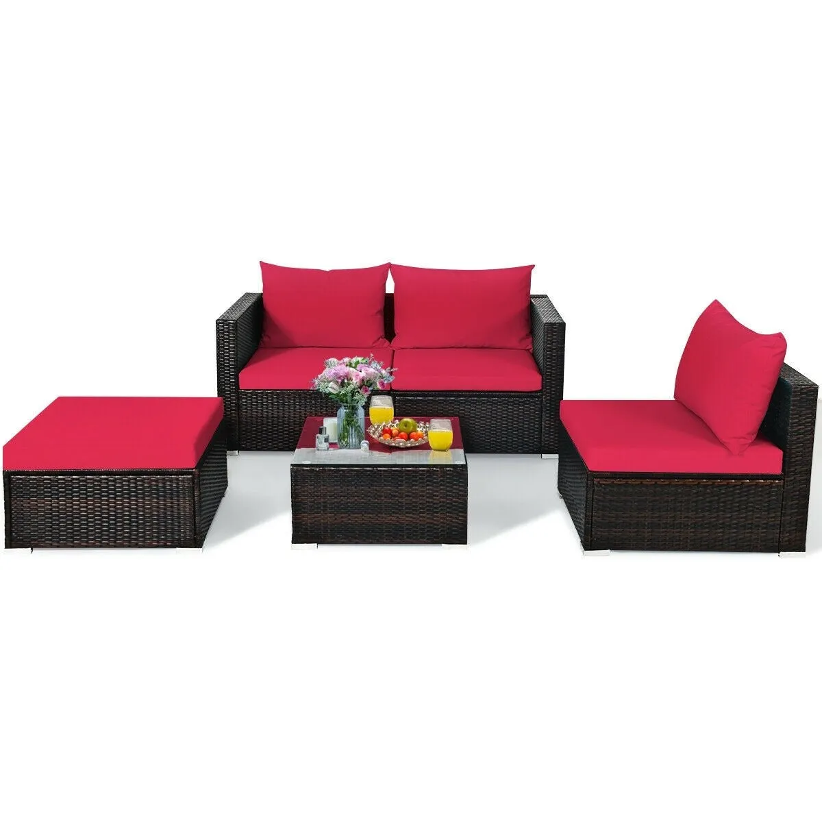 5pc Wicker Rattan Sectional Patio Set with Cushions and Coffee Table - Red