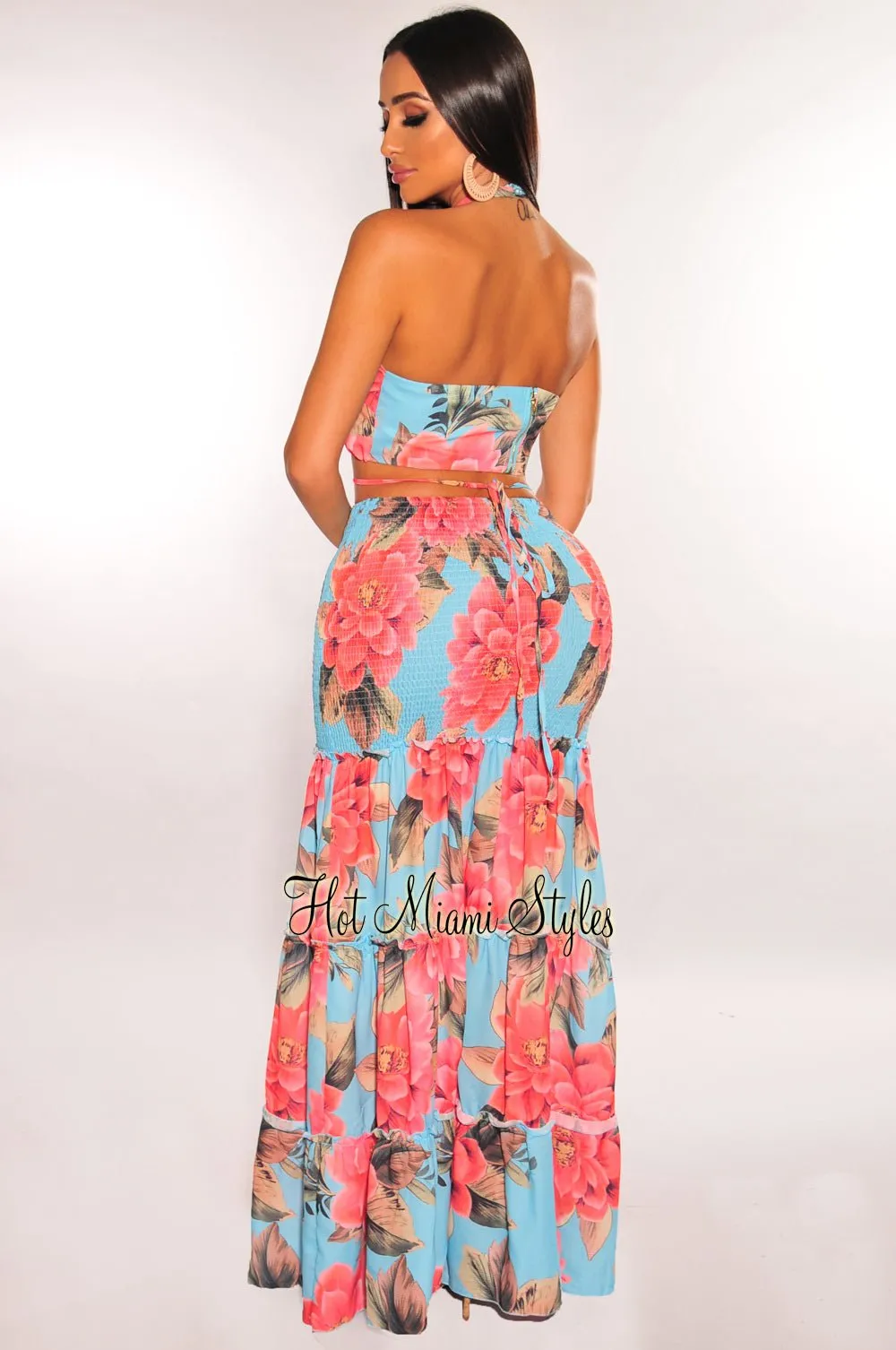 Aqua Floral Print Halter Cross Tie Up Smocked Maxi Skirt Two Piece Set