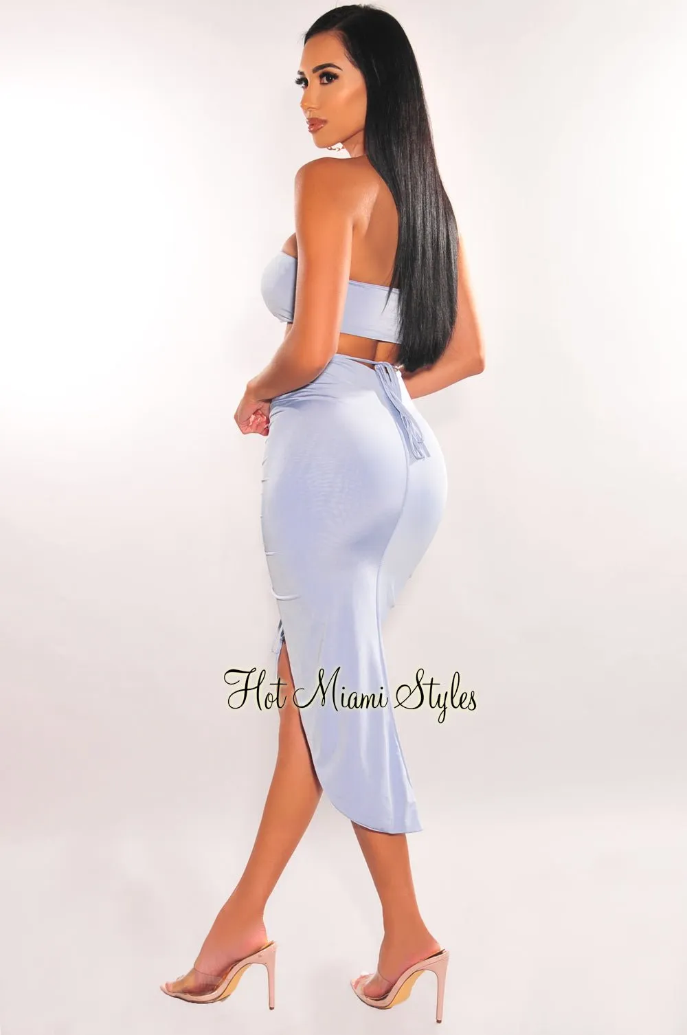 Baby Blue Strapless Gold Ring Wrap Around Slit Skirt Two Piece Set