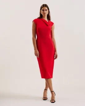 Bayree Asymmetric Folded Neckline Midi Dress Red