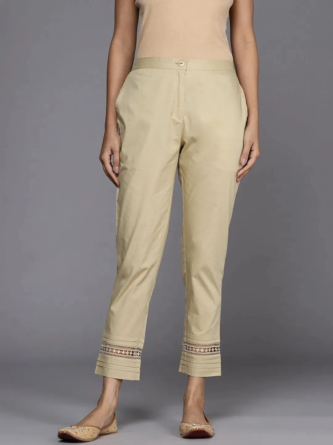 Beige Solid Cotton Trousers