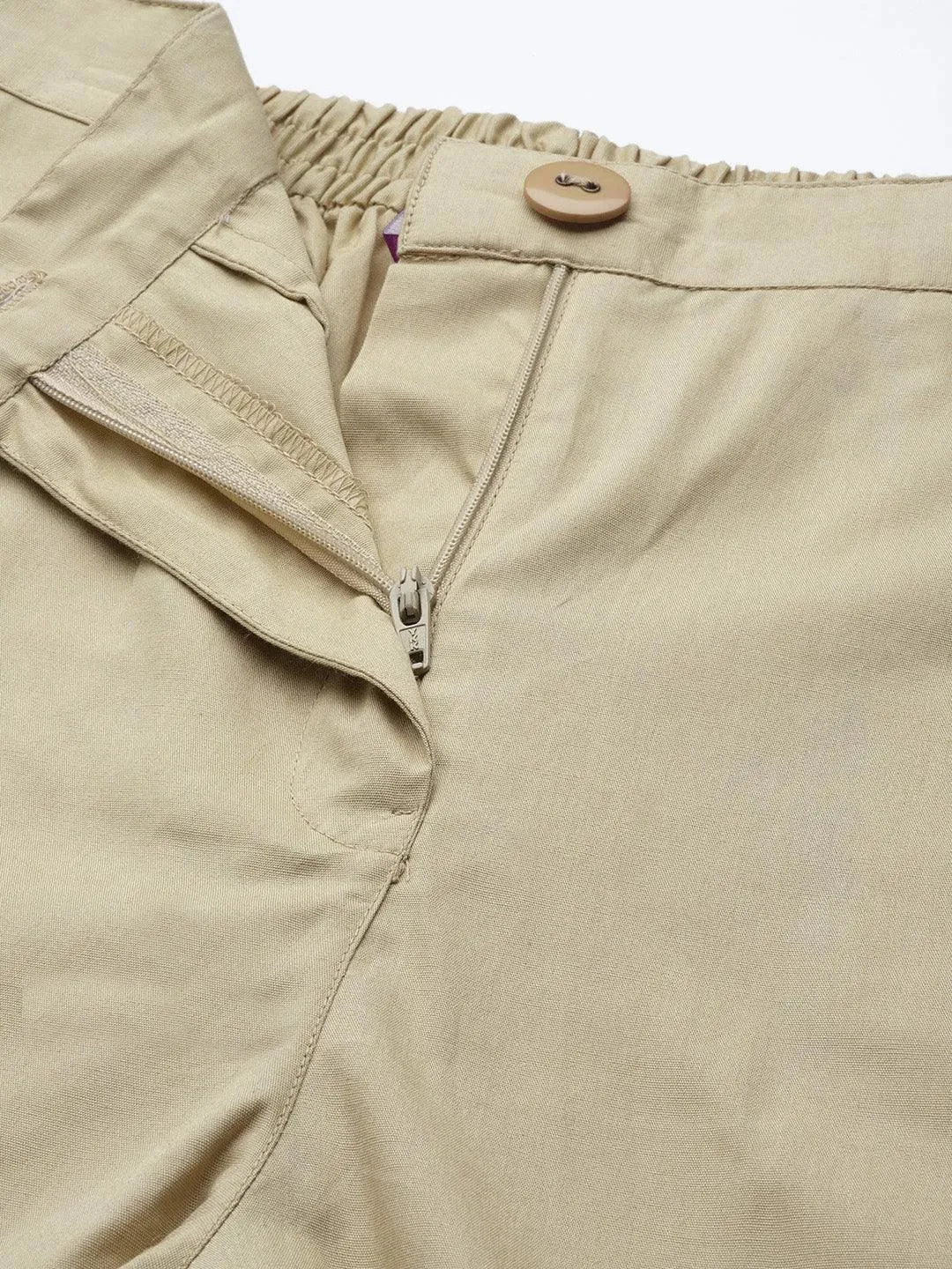 Beige Solid Cotton Trousers