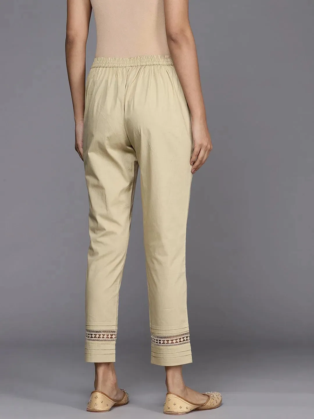 Beige Solid Cotton Trousers