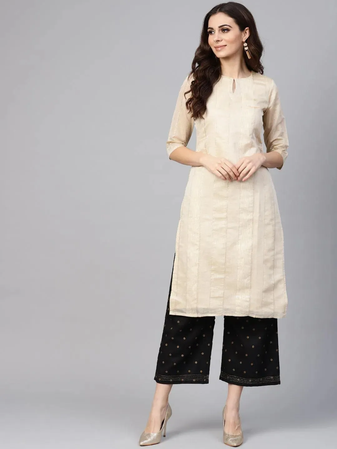 Beige Striped Polyester Kurta