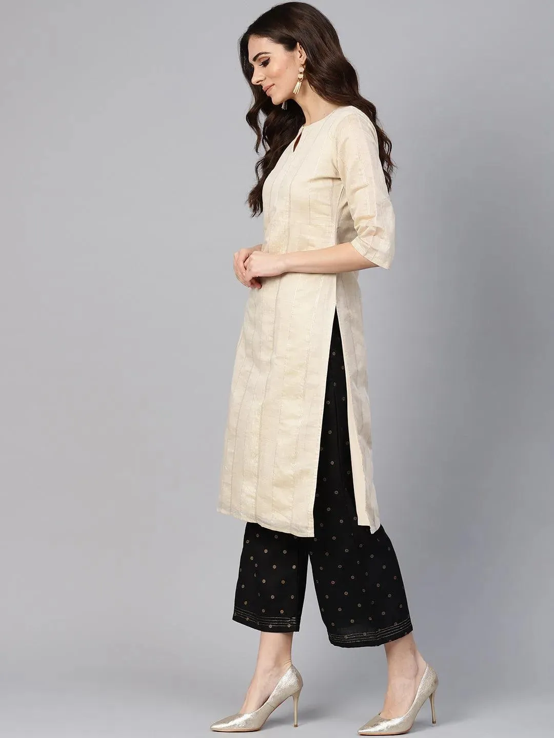 Beige Striped Polyester Kurta