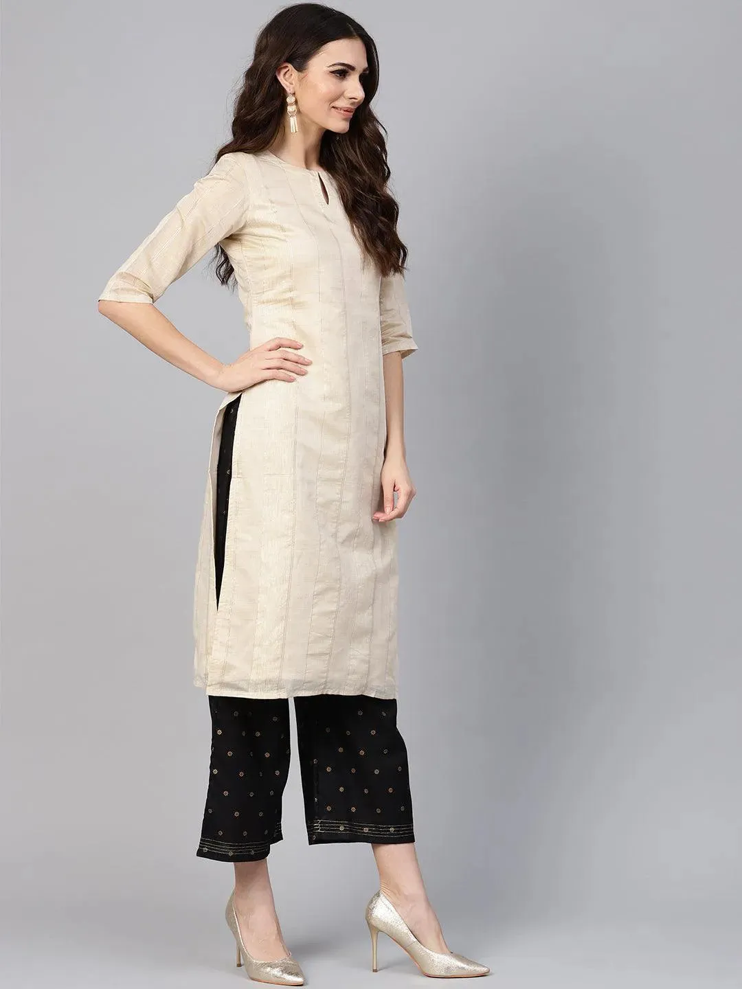 Beige Striped Polyester Kurta