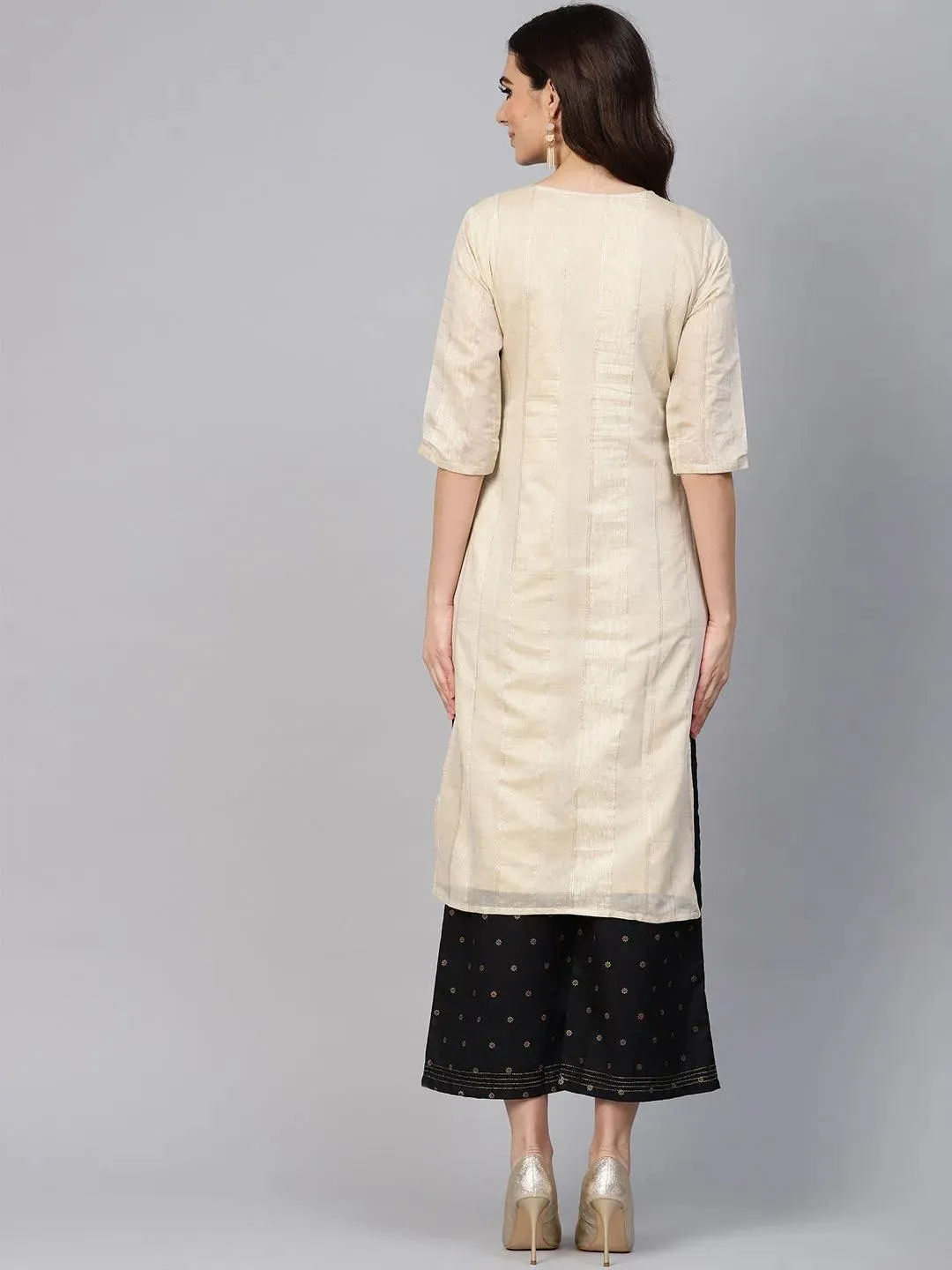 Beige Striped Polyester Kurta