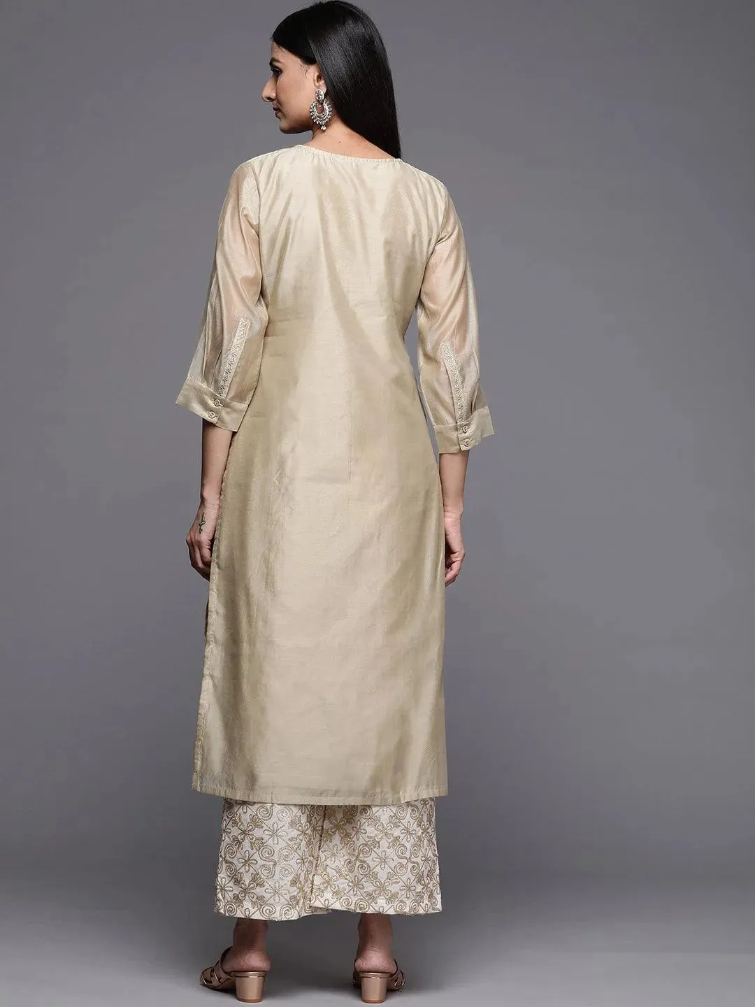 Beige Yoke Design Chanderi Cotton Straight Kurta