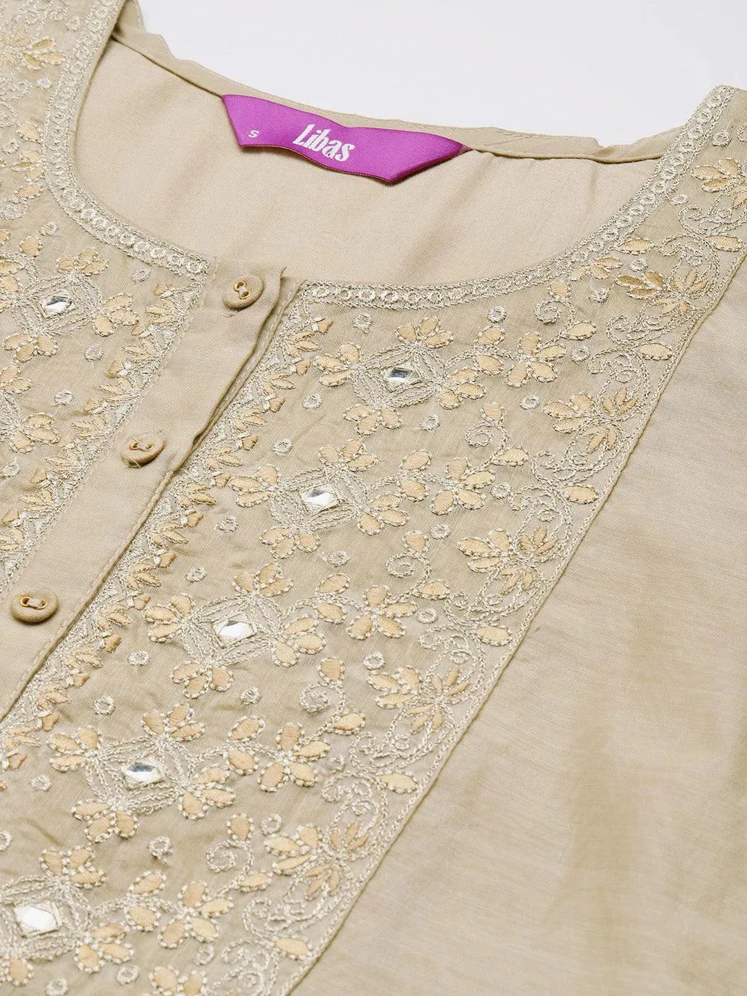 Beige Yoke Design Chanderi Cotton Straight Kurta