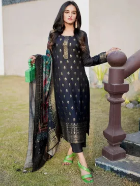 Black Self Design Pashmina Wool Straight Kurta With Dupatta