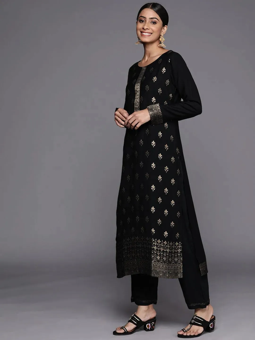 Black Self Design Pashmina Wool Straight Kurta With Dupatta