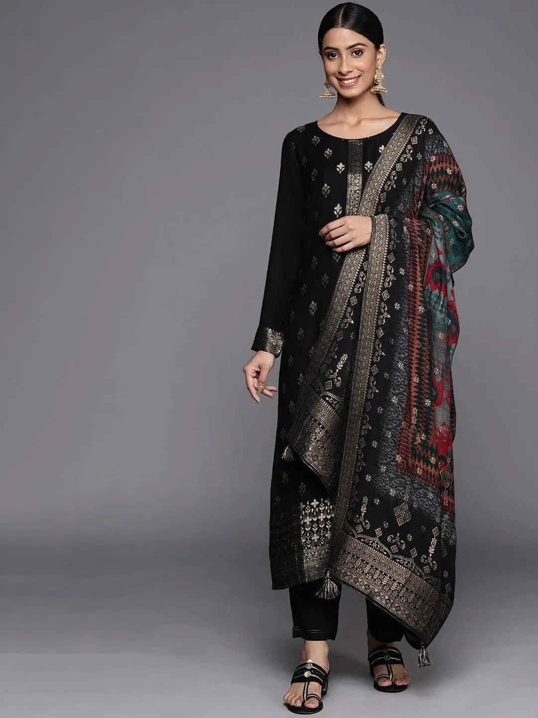 Black Self Design Pashmina Wool Straight Kurta With Dupatta