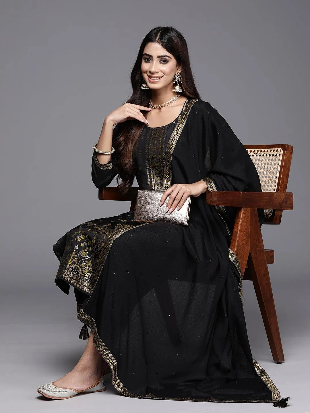 Black Woven Design Silk Blend Straight Suit With Dupatta