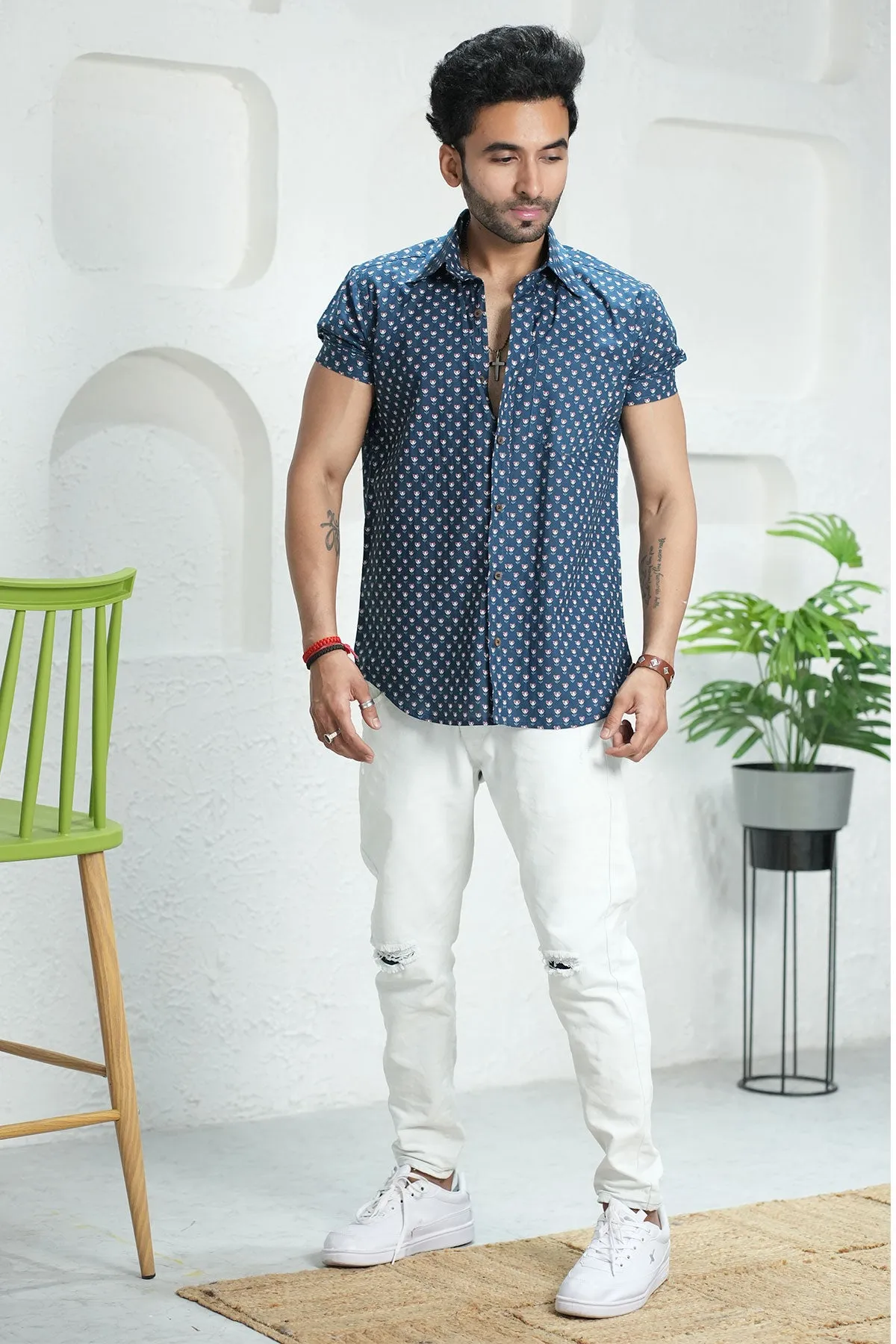 Blue Shirt with Small Floral Pattern, Half Sleeves | Style Matters