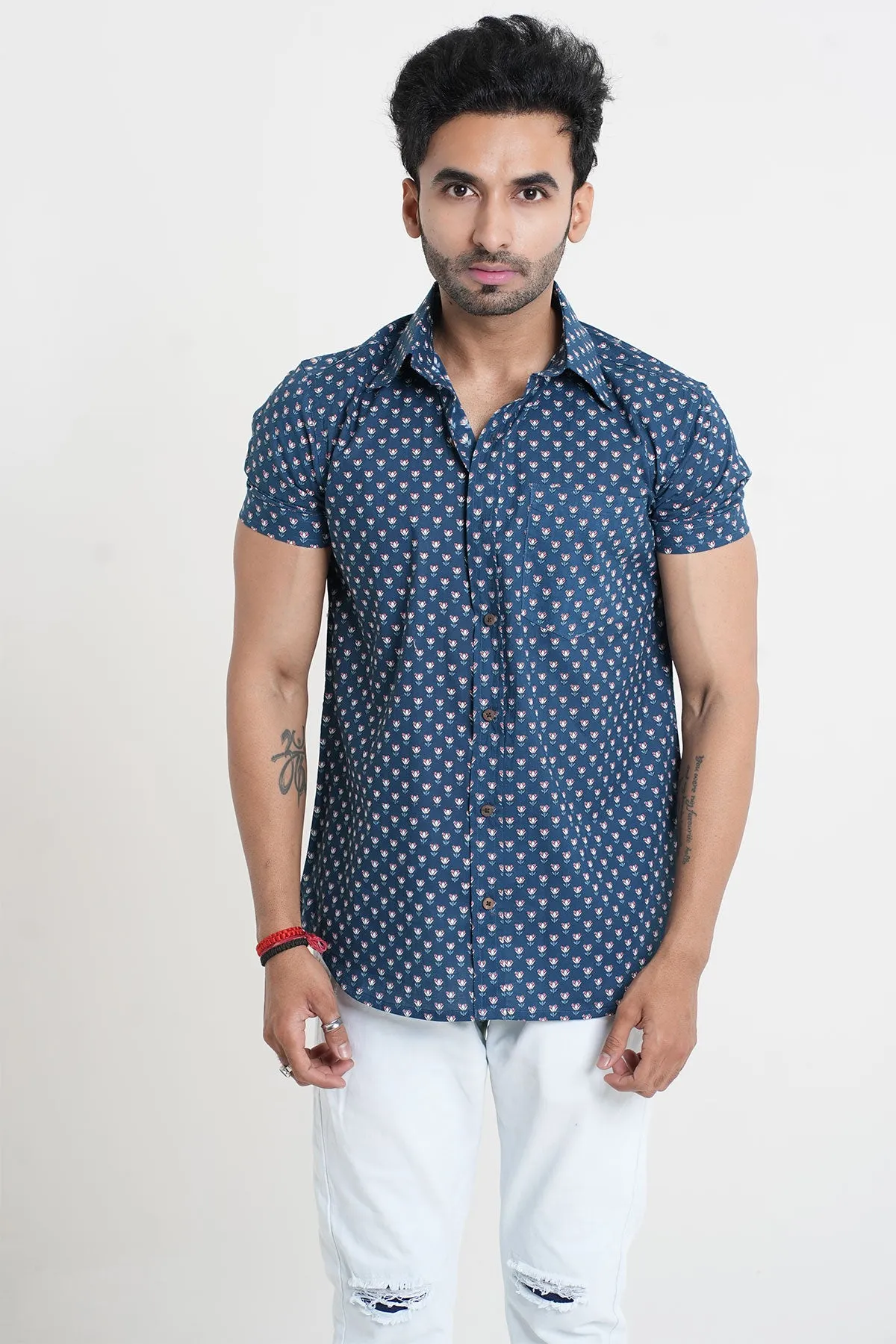 Blue Shirt with Small Floral Pattern, Half Sleeves | Style Matters