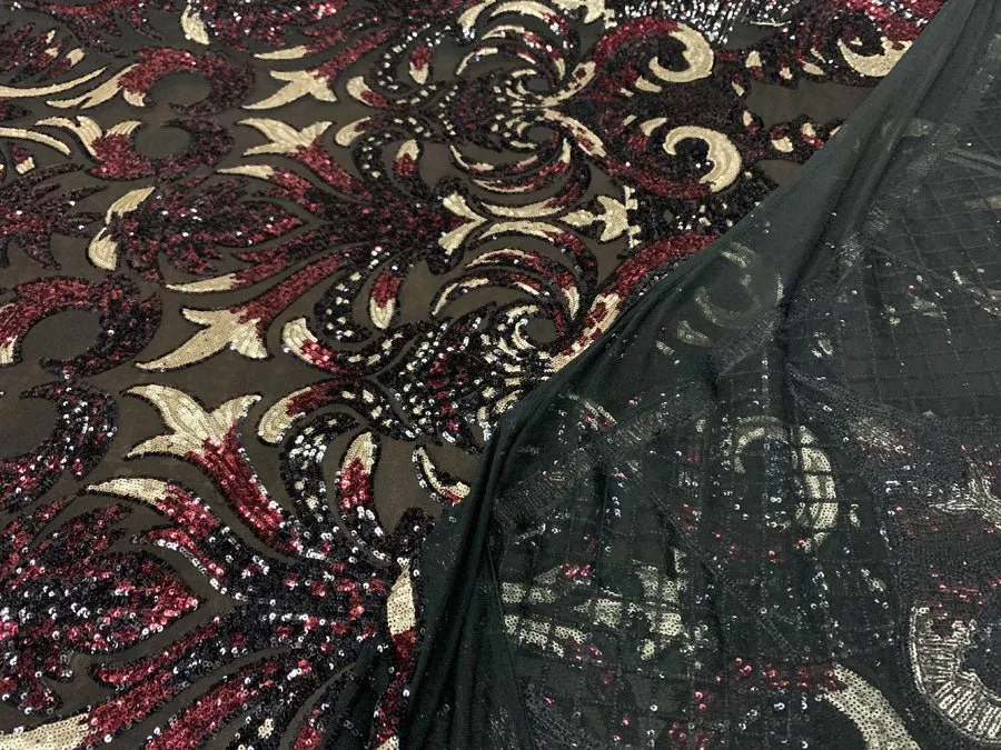 Bridal Red and Black Sequin Embroidery on Black Stretch Mesh Fabric