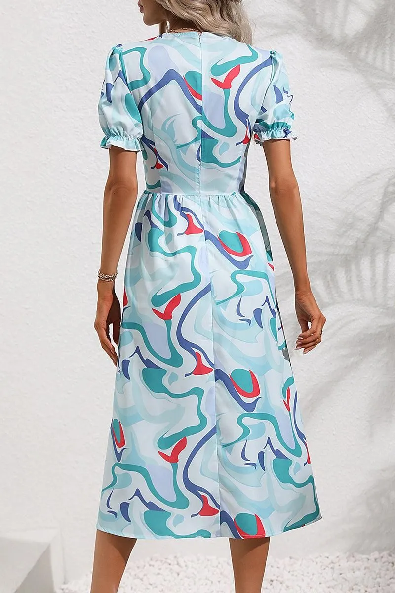 COLOR WAVE PAINTING DEEP V NECK PUFF DRESS