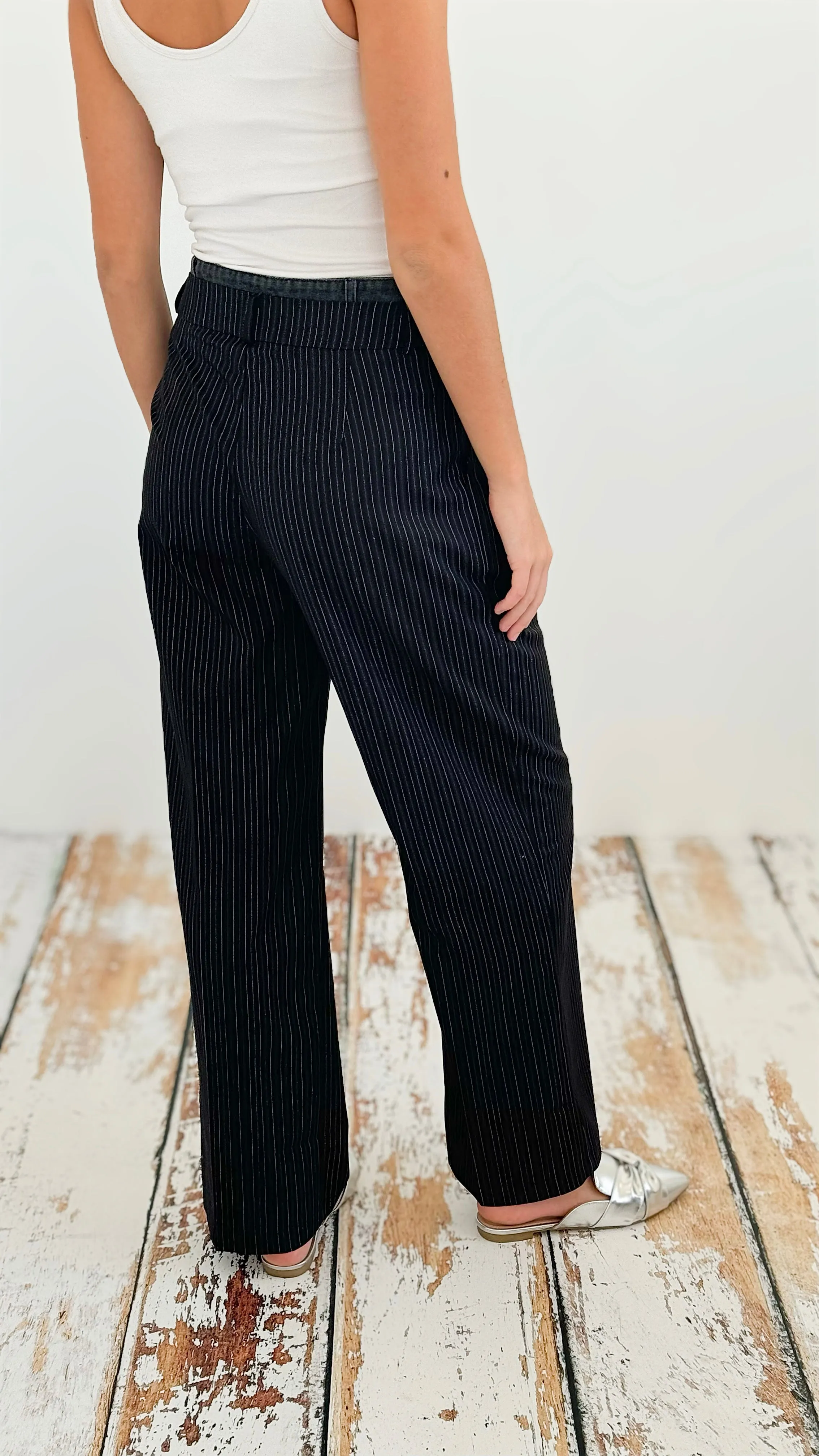 Contrast Pinstripe Pants - Black