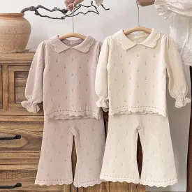 Cream & Pink Frill Sleeve Knit Top and Wide Leg Trousers Set for Girls