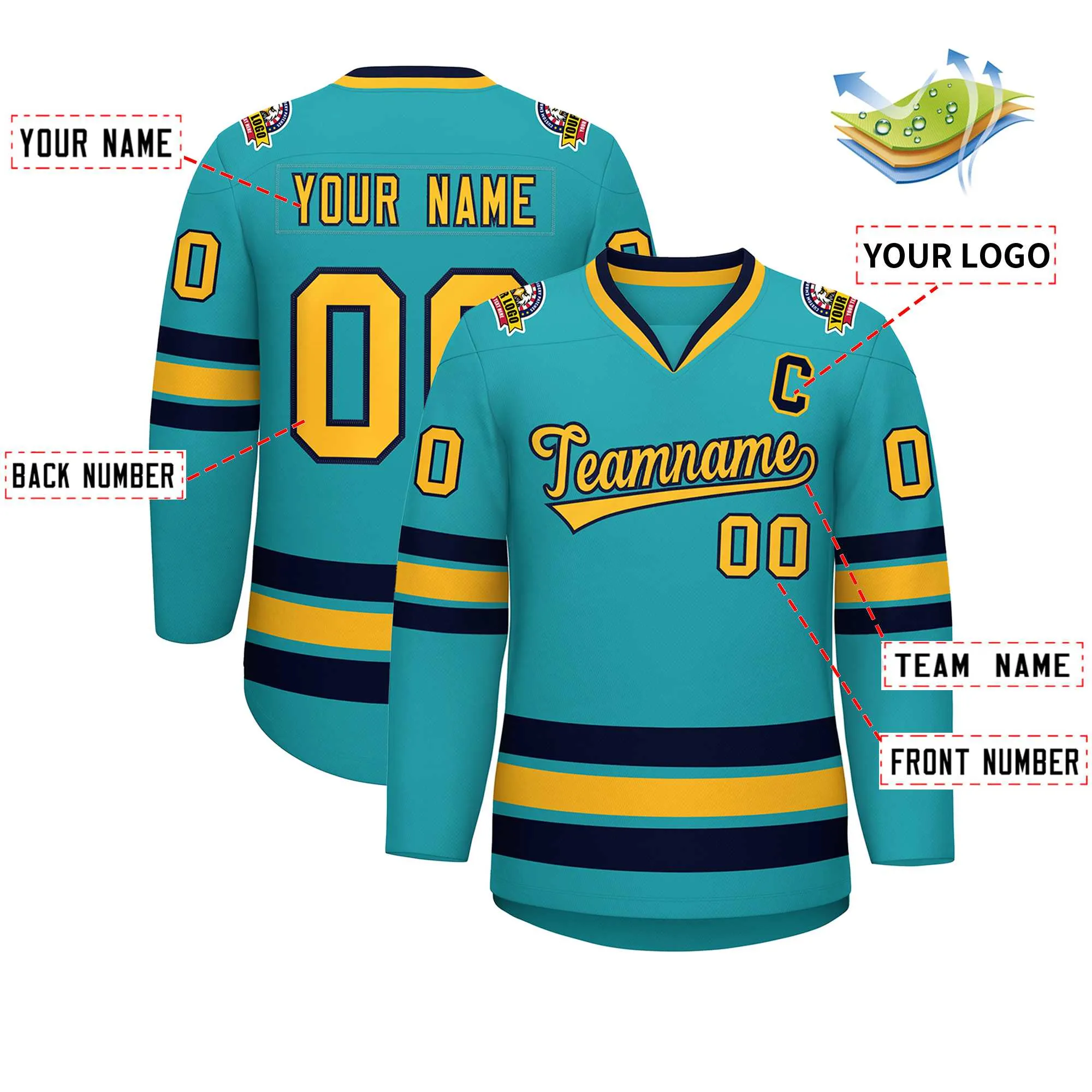 Custom Aqua Gold-Navy Classic Style Hockey Jersey