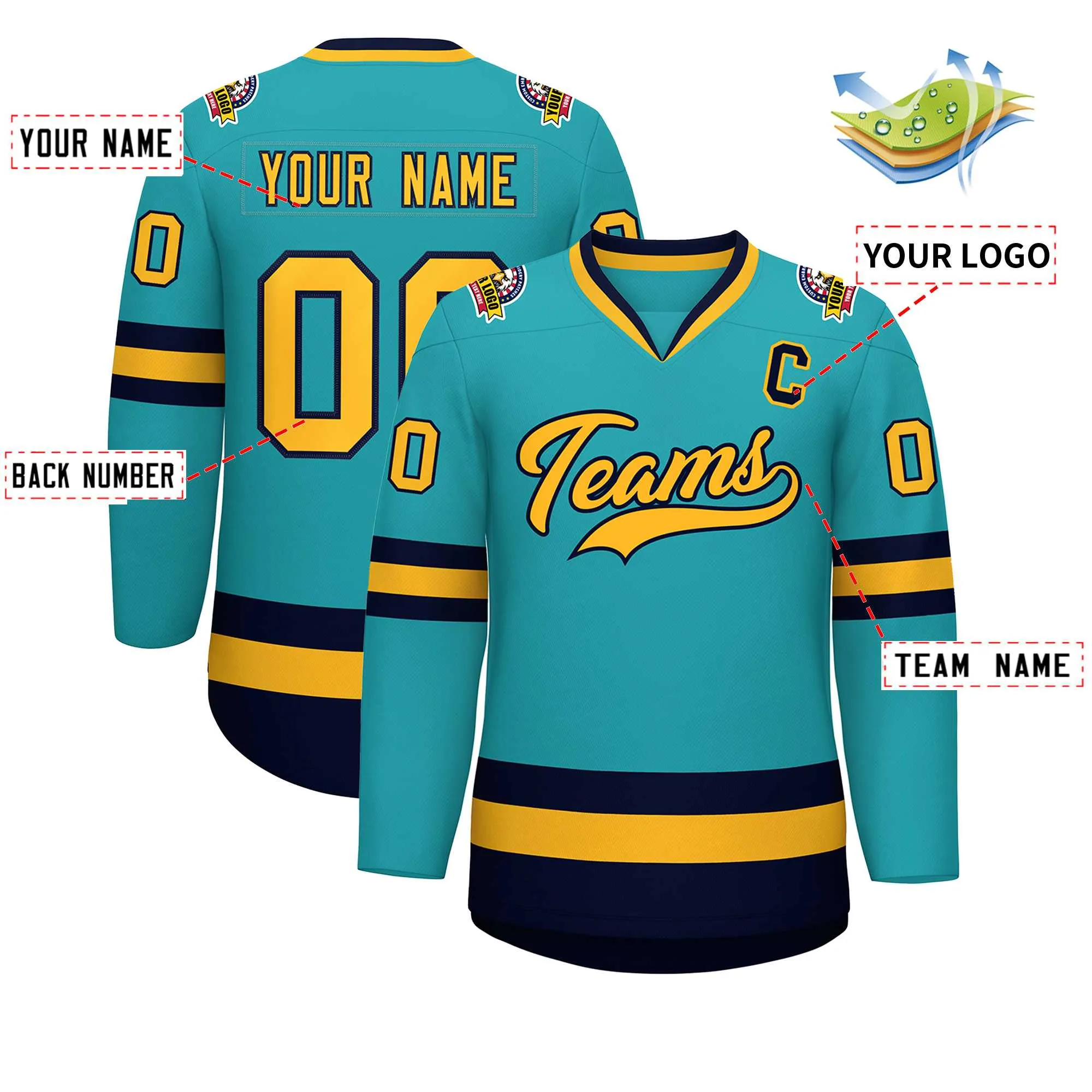 Custom Aqua Gold-Navy Classic Style Hockey Jersey