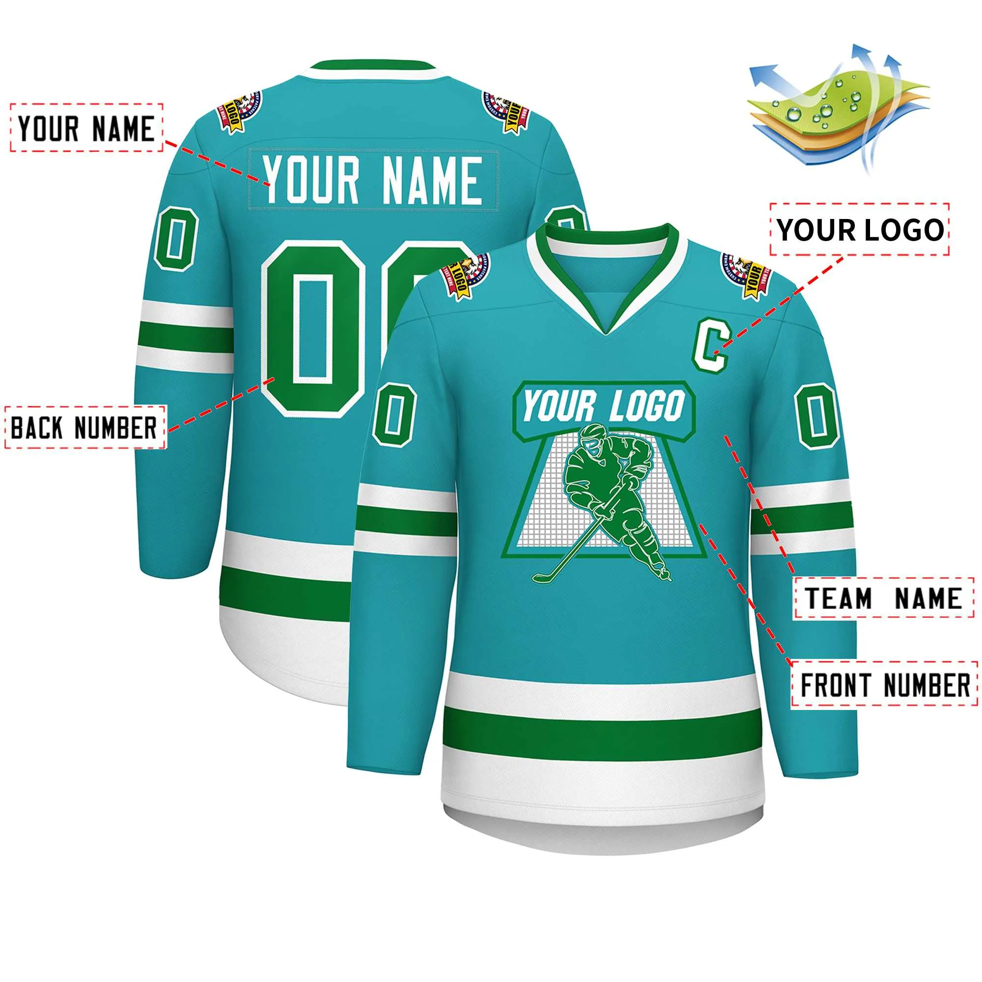 Custom Aqua Kelly Green-White Classic Style Hockey Jersey