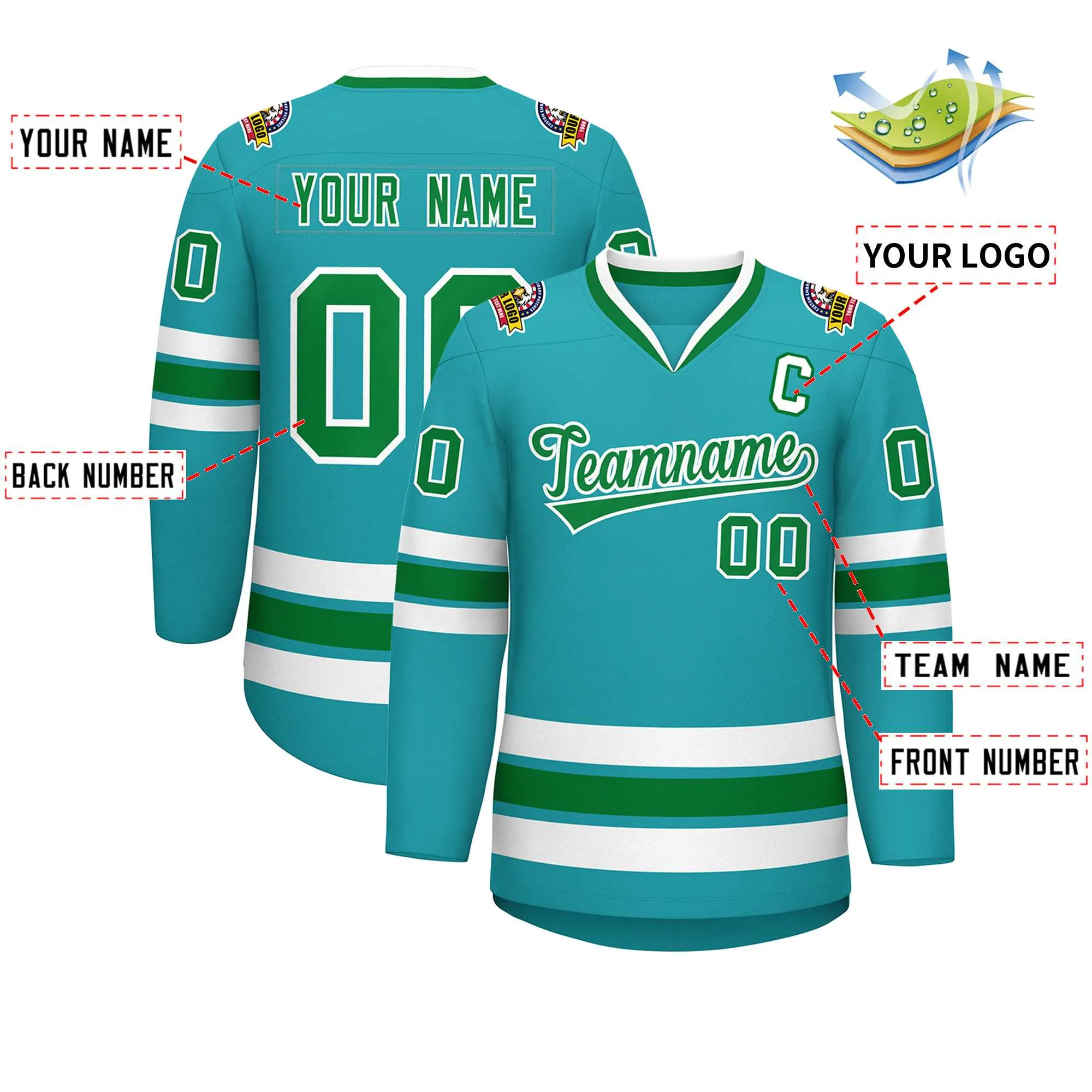 Custom Aqua Kelly Green-White Classic Style Hockey Jersey